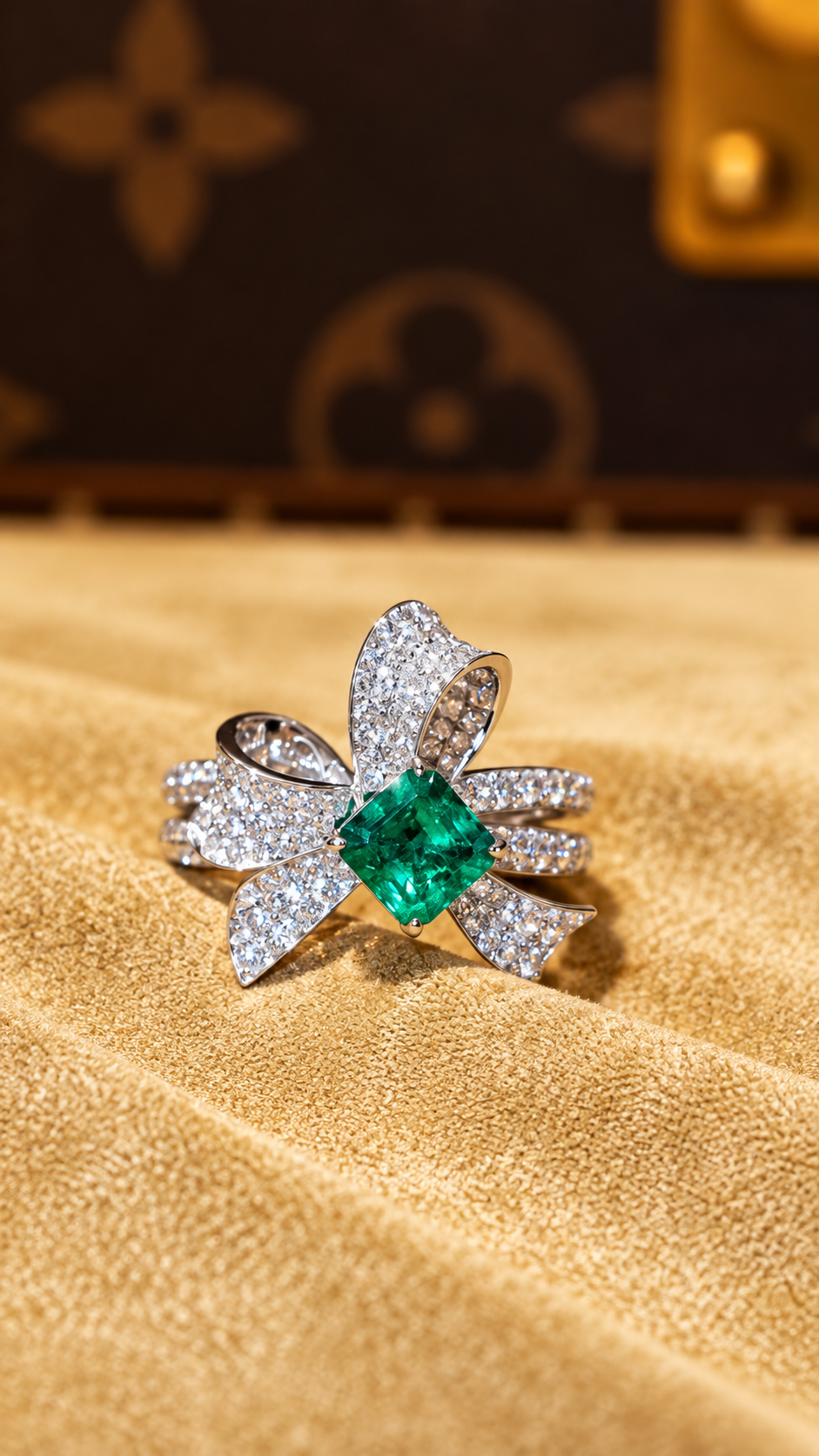 Guild Certified 1.12ct Vivid Green Natural Emerald Bow Ring with natural diamond 18k