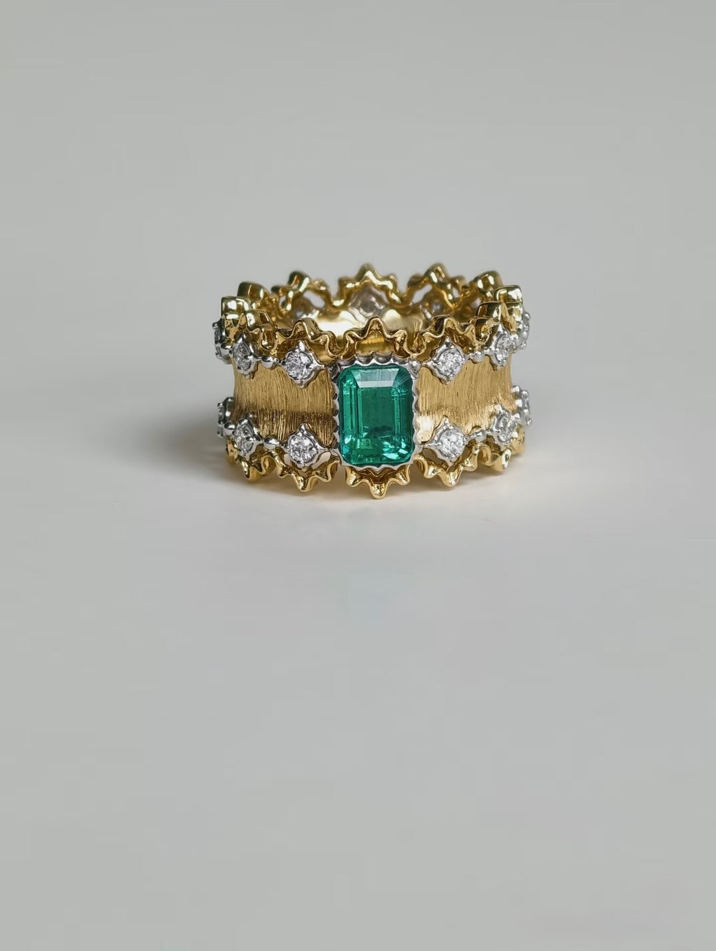 1.19ct emerald and natural diamond brushed 18K gold ring