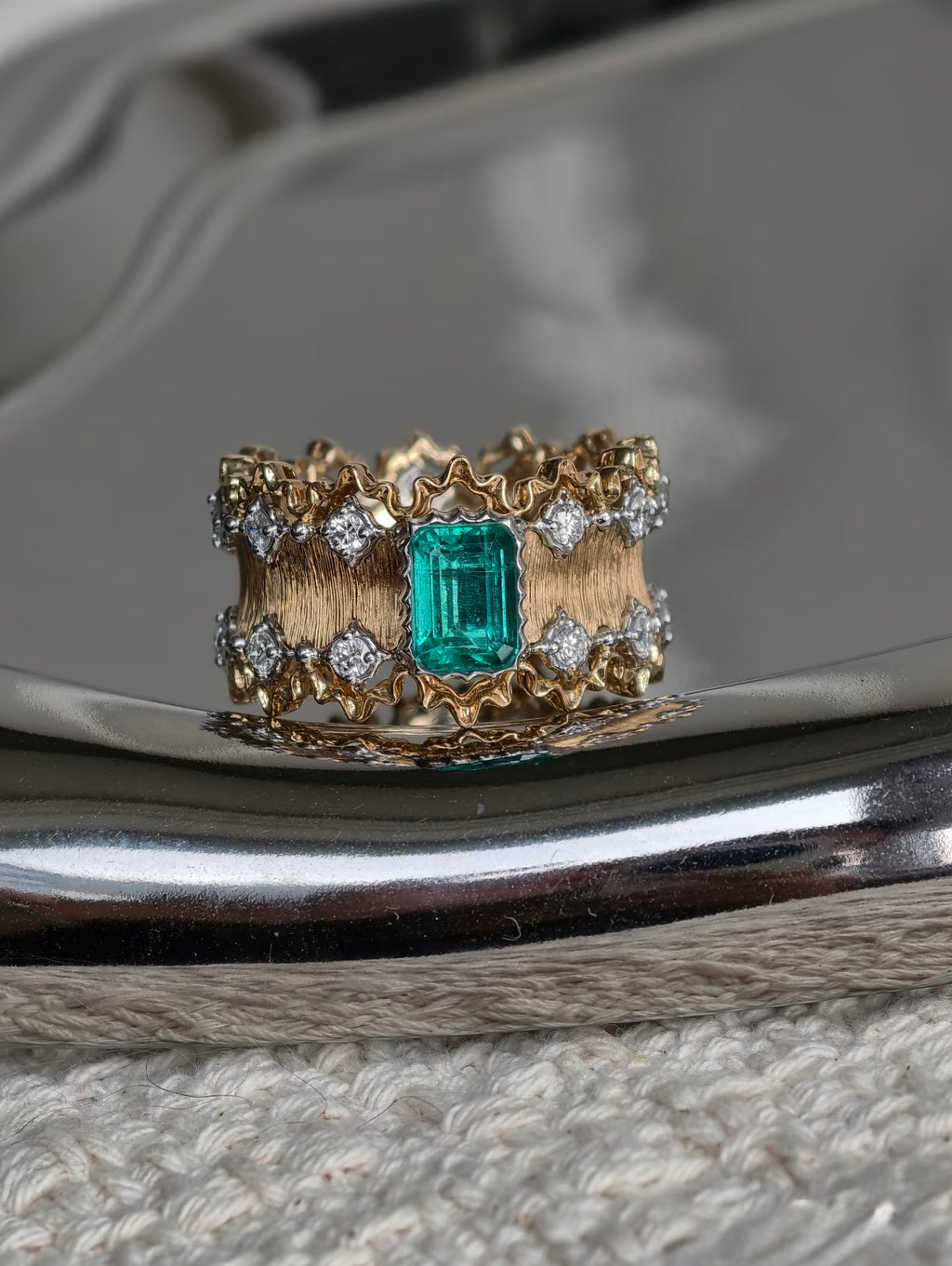 1.19ct emerald and natural diamond brushed 18K gold ring