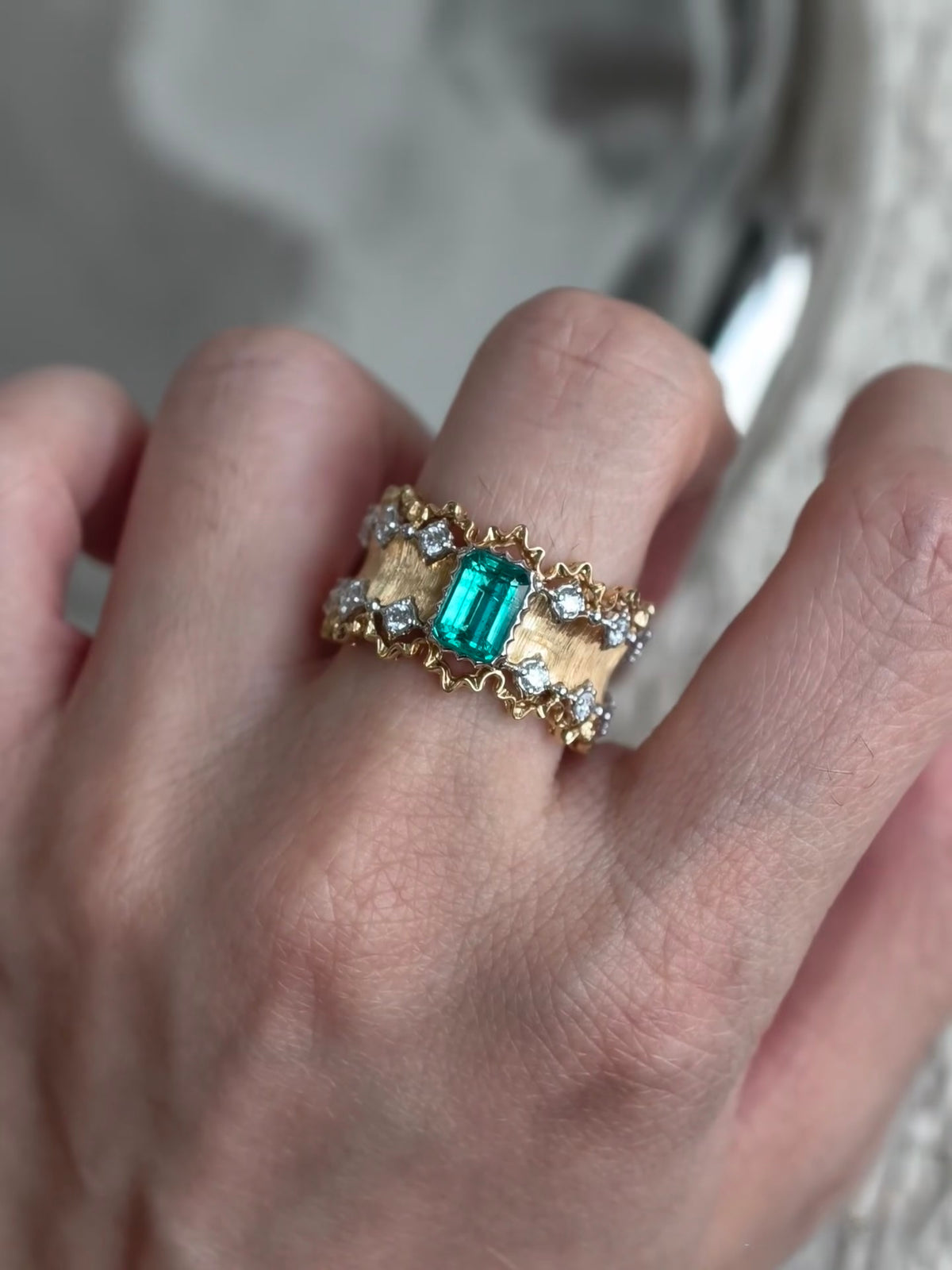 1.19ct emerald and natural diamond brushed 18K gold ring