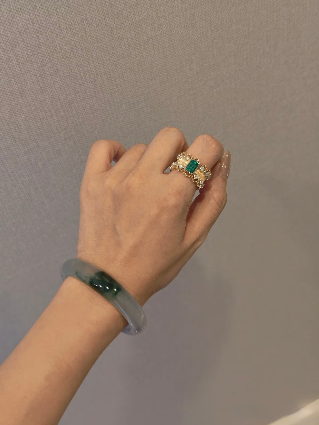 1.19ct emerald and natural diamond brushed 18K gold ring