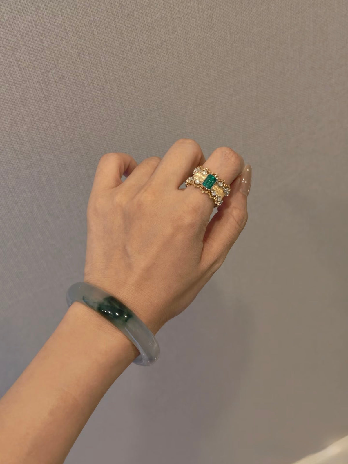 1.19ct emerald and natural diamond brushed 18K gold ring