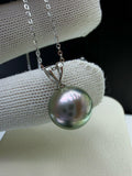 12mm near-round peacock green Tahitian pearl pendant in S925 sterling silver with silver chain