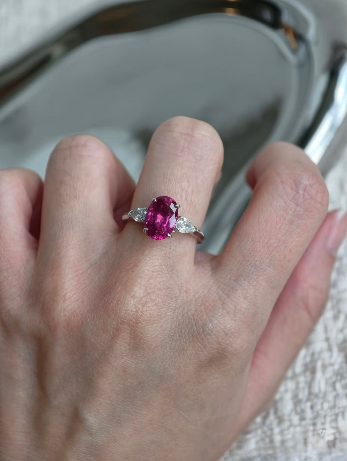 2.2ct Rubellite Tourmaline Three-Stone Ring in 14K or 18K White Gold