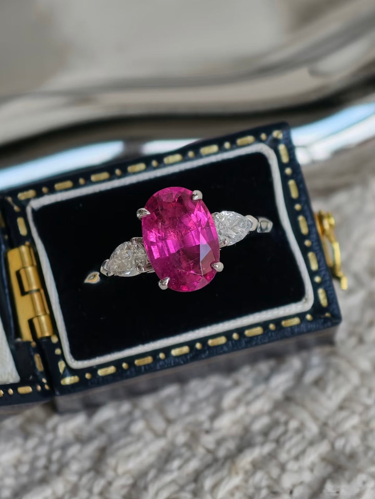 2.2ct Rubellite Tourmaline Three-Stone Ring in 14K or 18K White Gold