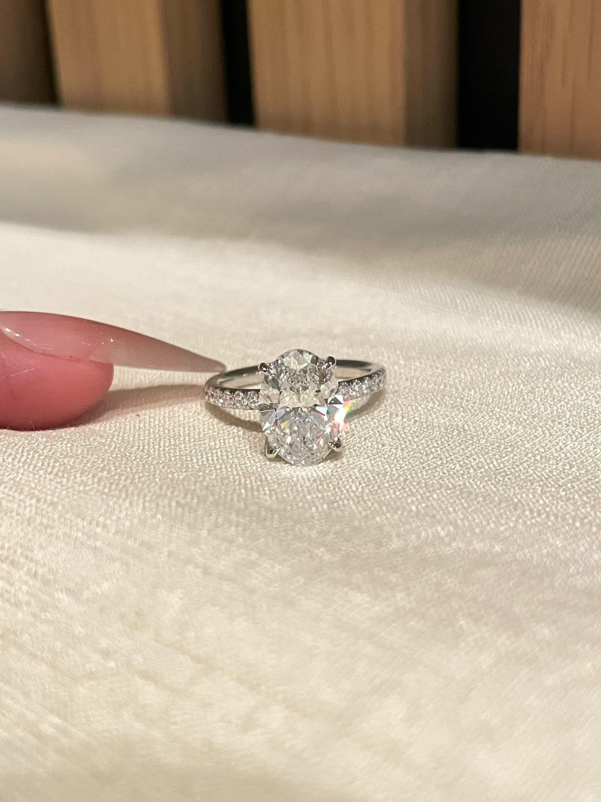 3 ct oval lab-grown diamond four-prong ring with pavé band, view 1