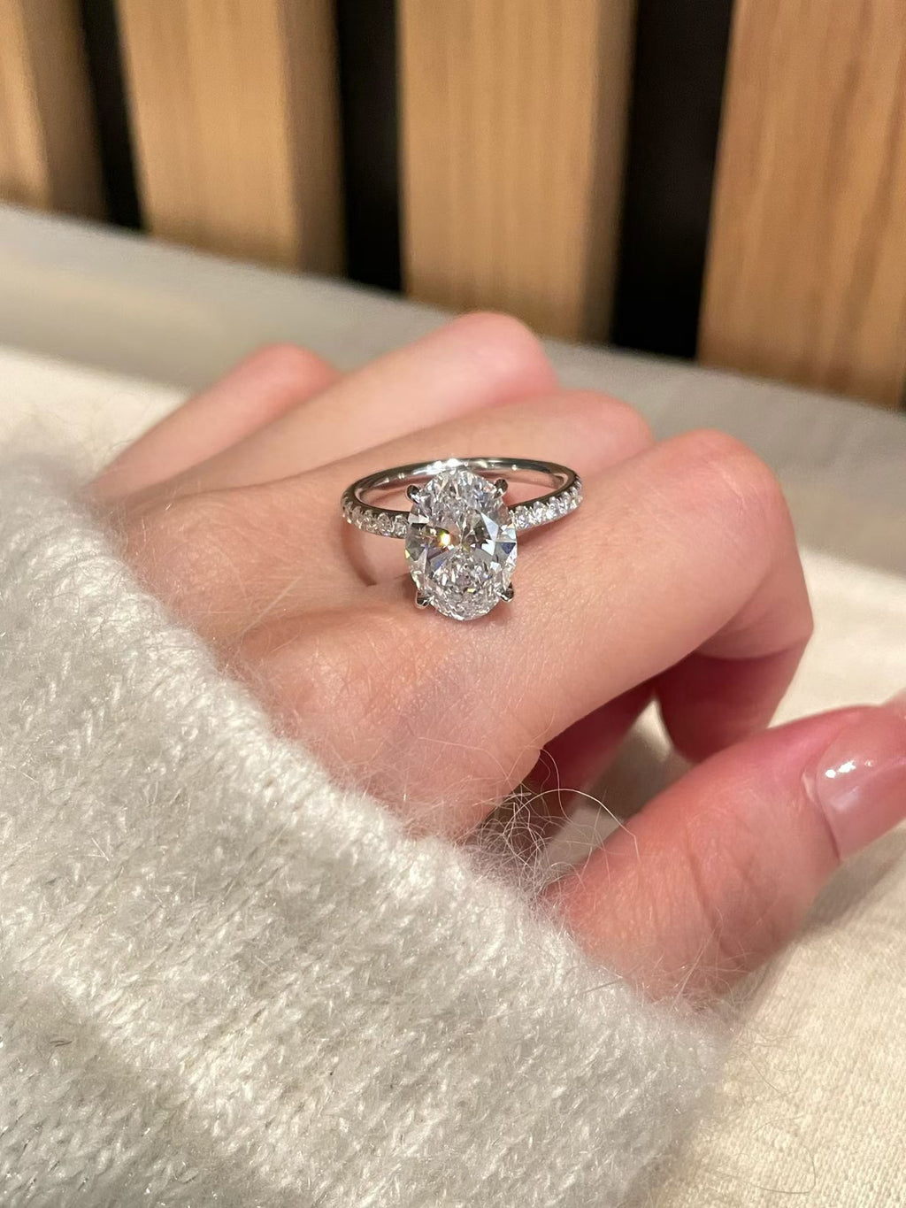 3 ct oval lab-grown diamond four-prong ring with pavé band, view 3