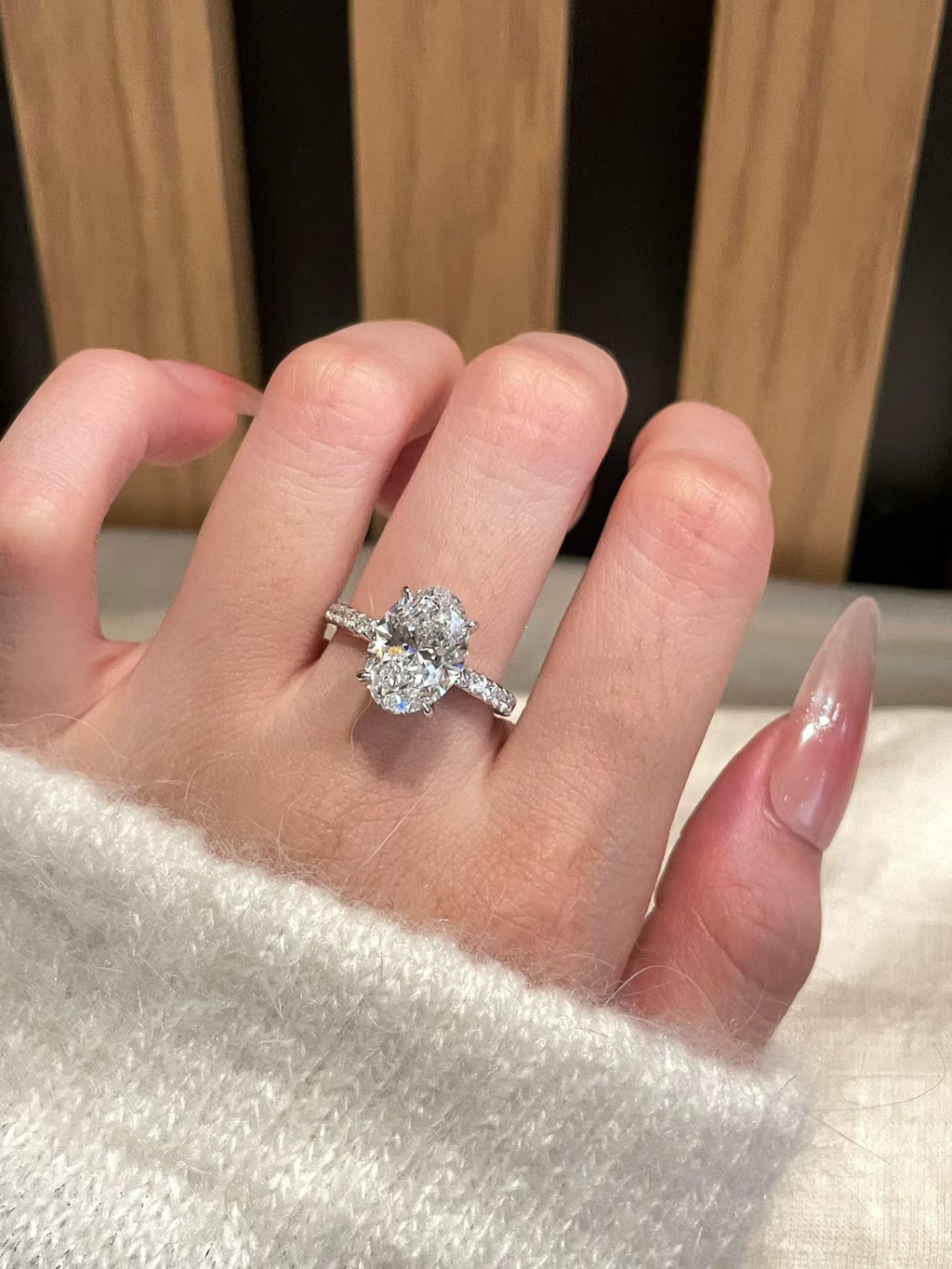 3 ct oval lab-grown diamond four-prong ring with pavé band, view 5