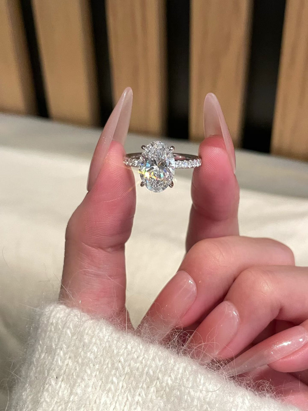 3 ct oval lab-grown diamond four-prong ring with pavé band, view 6