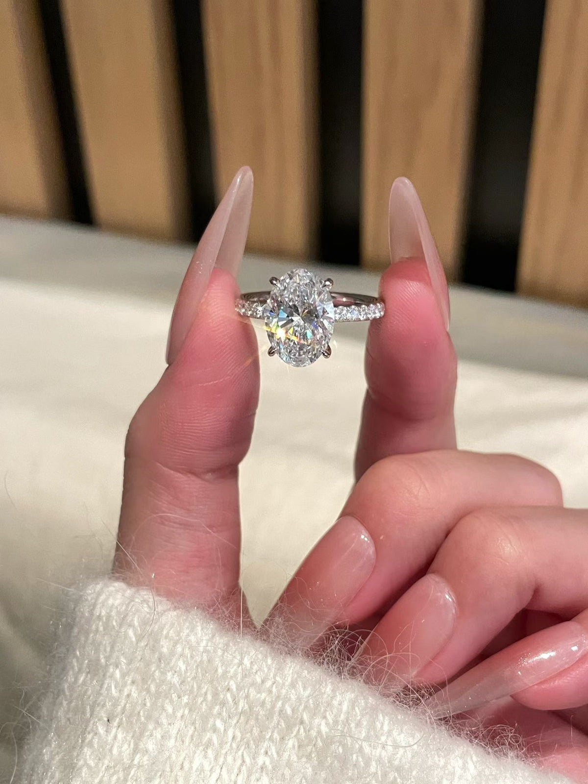 3 ct oval lab-grown diamond four-prong ring with pavé band, view 6