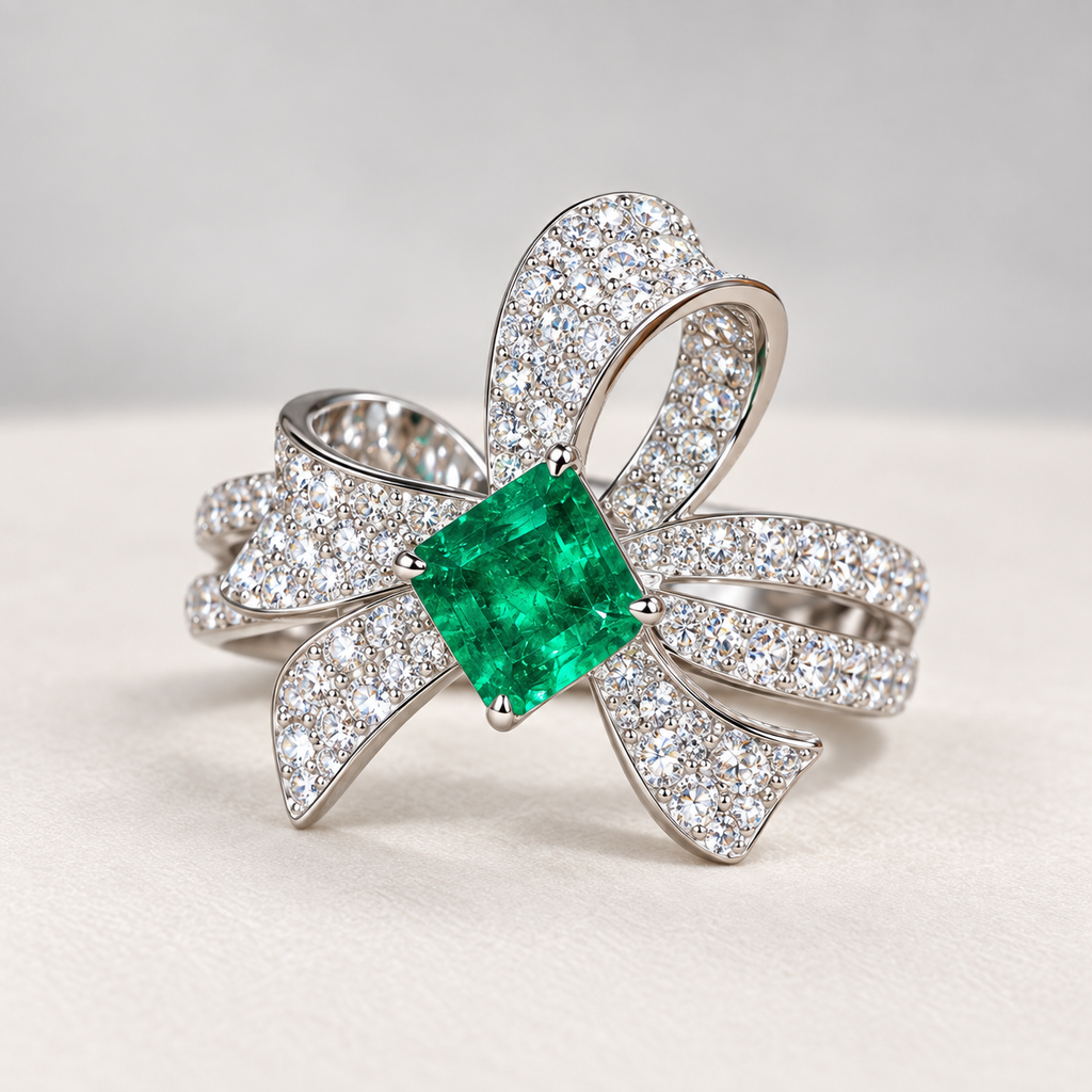 Guild Certified 1.12ct Vivid Green Natural Emerald Bow Ring with natural diamond 18k