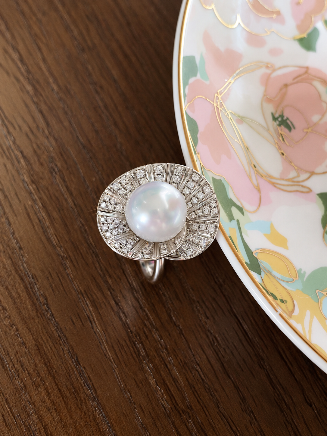Australian white South Sea pearl ring with lab-grown diamond accents in 18K white gold