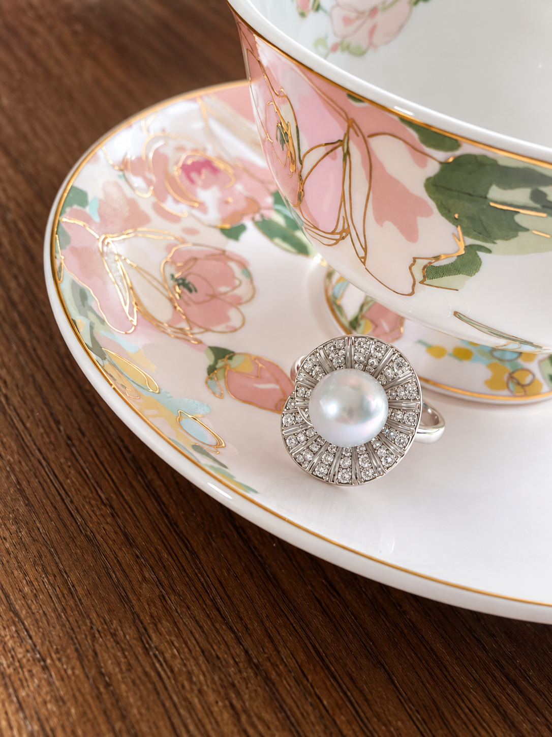 Australian white South Sea pearl ring with lab-grown diamond accents in 18K white gold