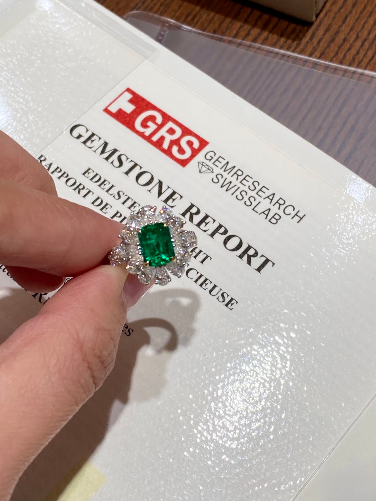 1.3ct Zambian Vivid Green Emerald Ring in 18K White Gold Guild Certificate