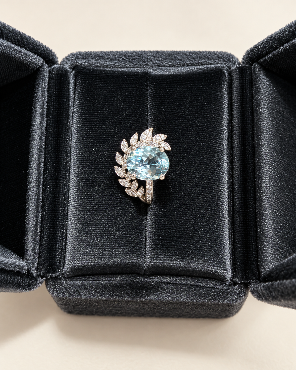 Aquamarine vine ring in velvet presentation box