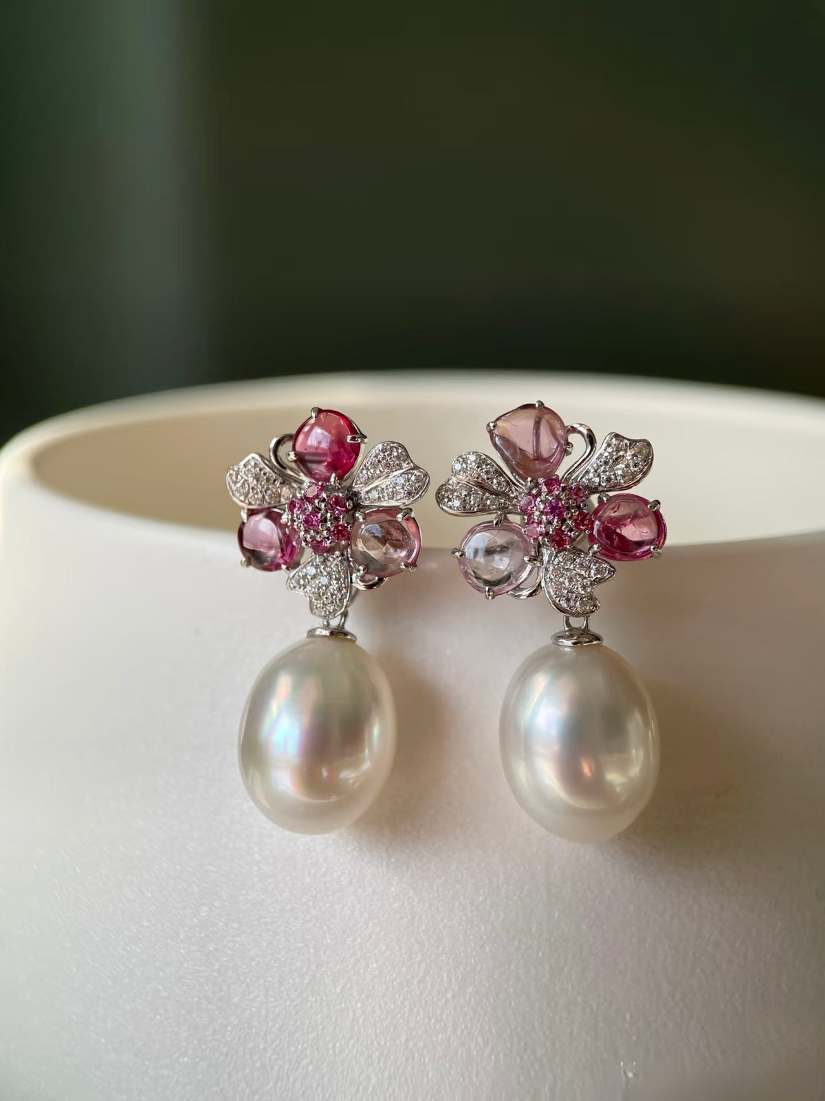 Pair of Australian white South Sea pearl, natural spinel and diamond floral earrings in 14K white gold