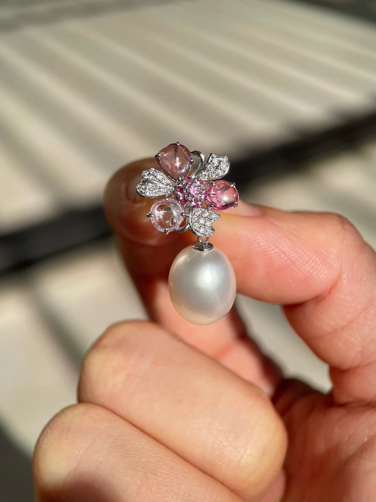 Australian white pearl and natural spinel floral earrings detail 1
