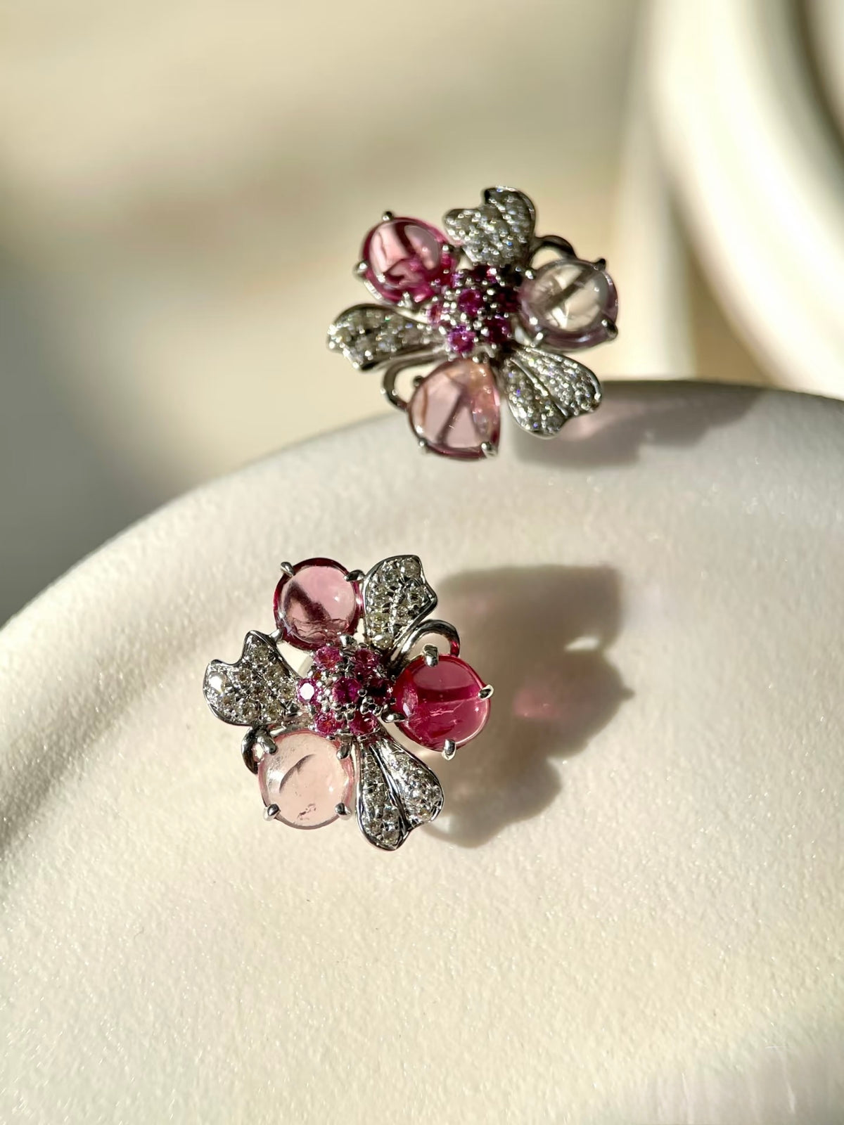 Australian white pearl and natural spinel floral earrings detail 2