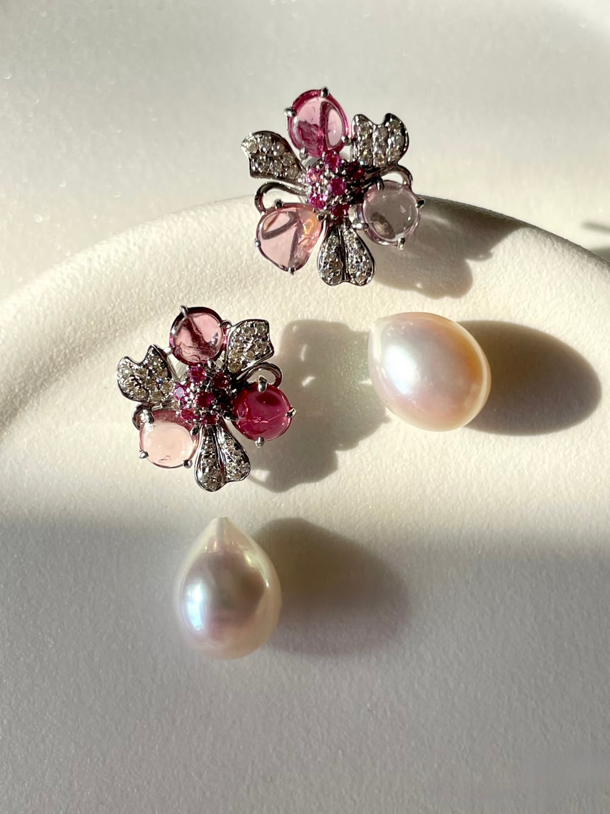Australian white pearl and natural spinel floral earrings detail 3