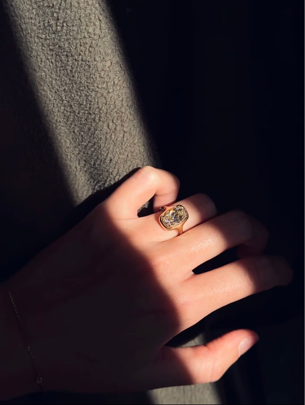 Champagne Old Mine oval lab-grown diamond ring in yellow gold