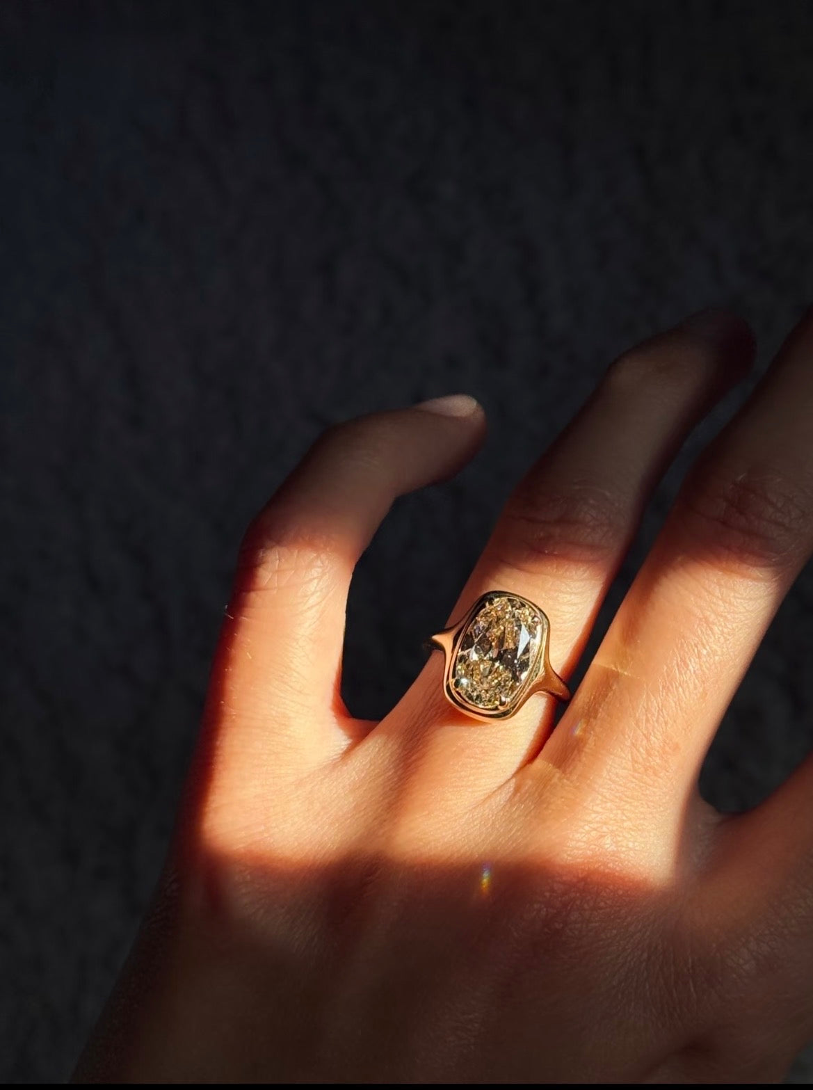 Champagne Old Mine oval lab-grown diamond ring in yellow gold