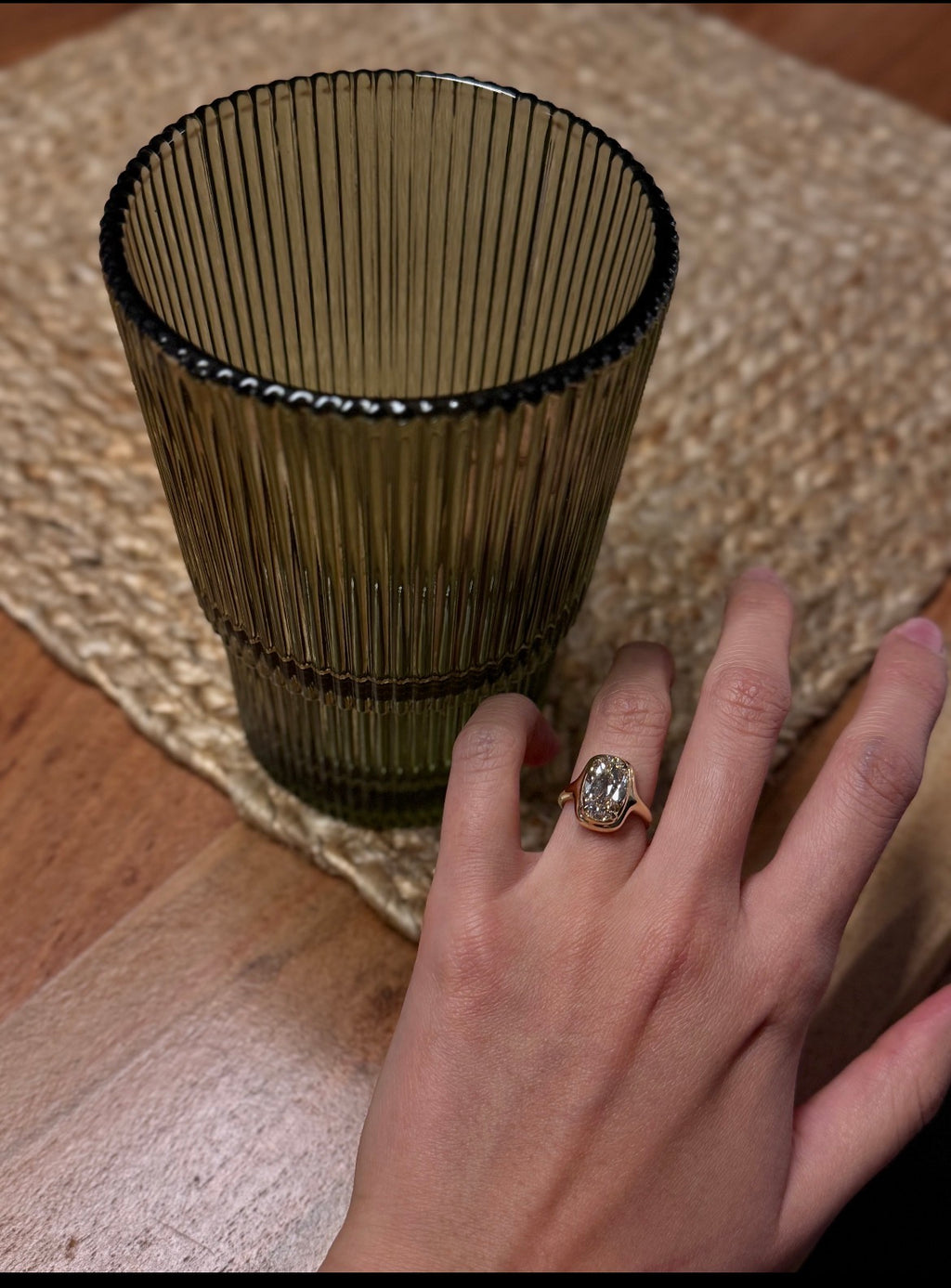Champagne Old Mine oval lab-grown diamond ring in yellow gold