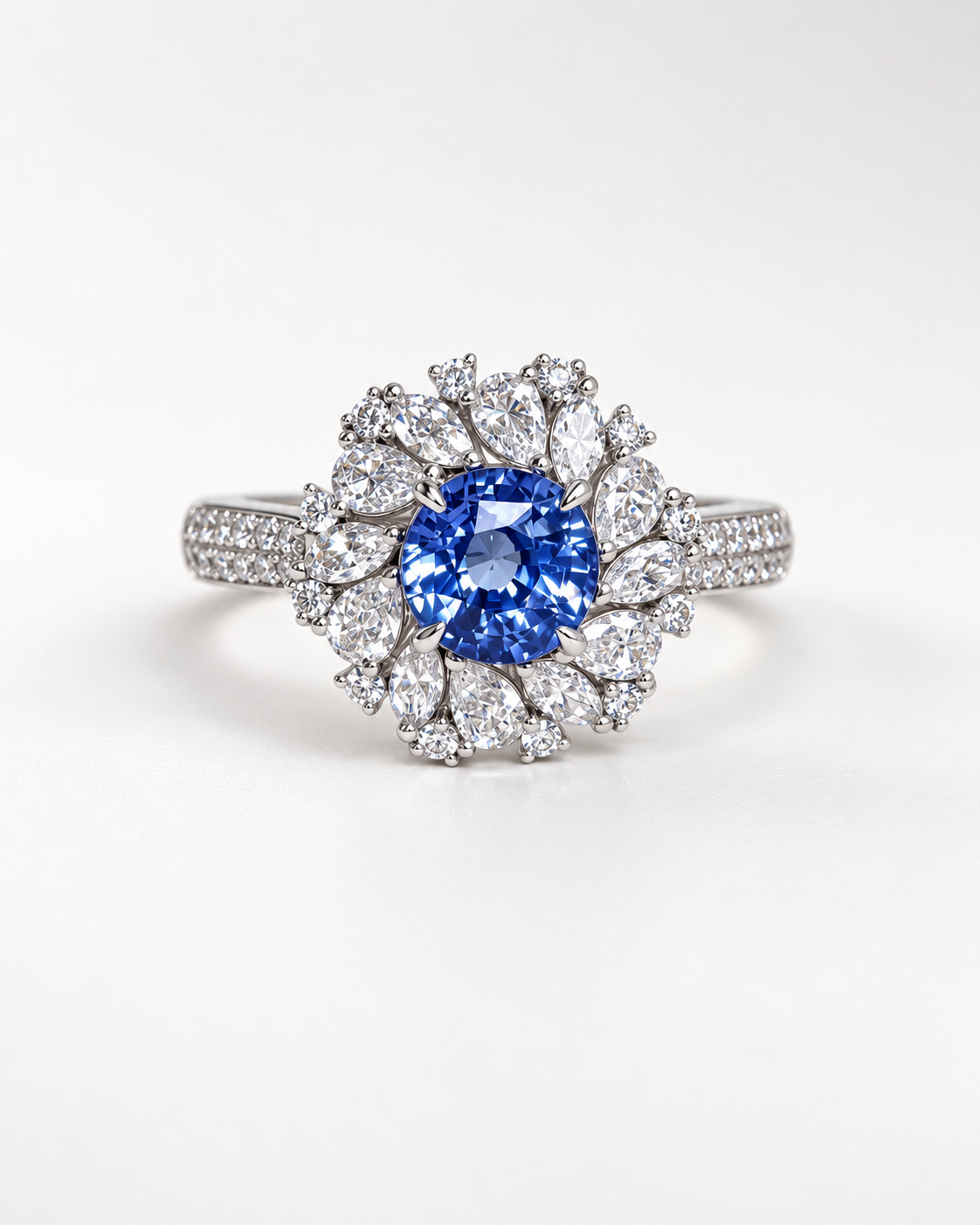 Cornflower blue sapphire floral halo ring in 18K gold with lab-grown diamonds, front view