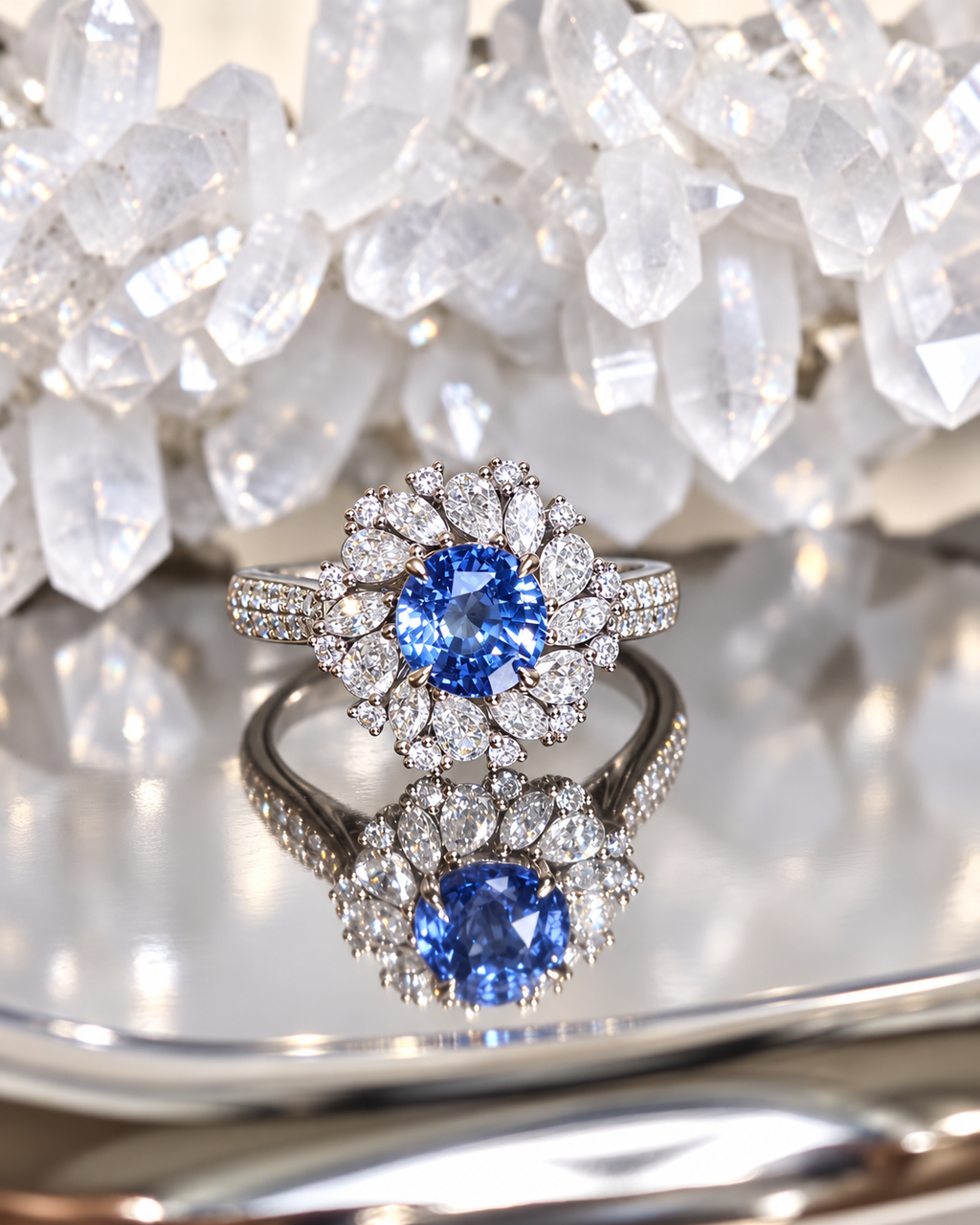 Cornflower blue sapphire floral halo ring in 18K gold with lab-grown diamonds, reflection view