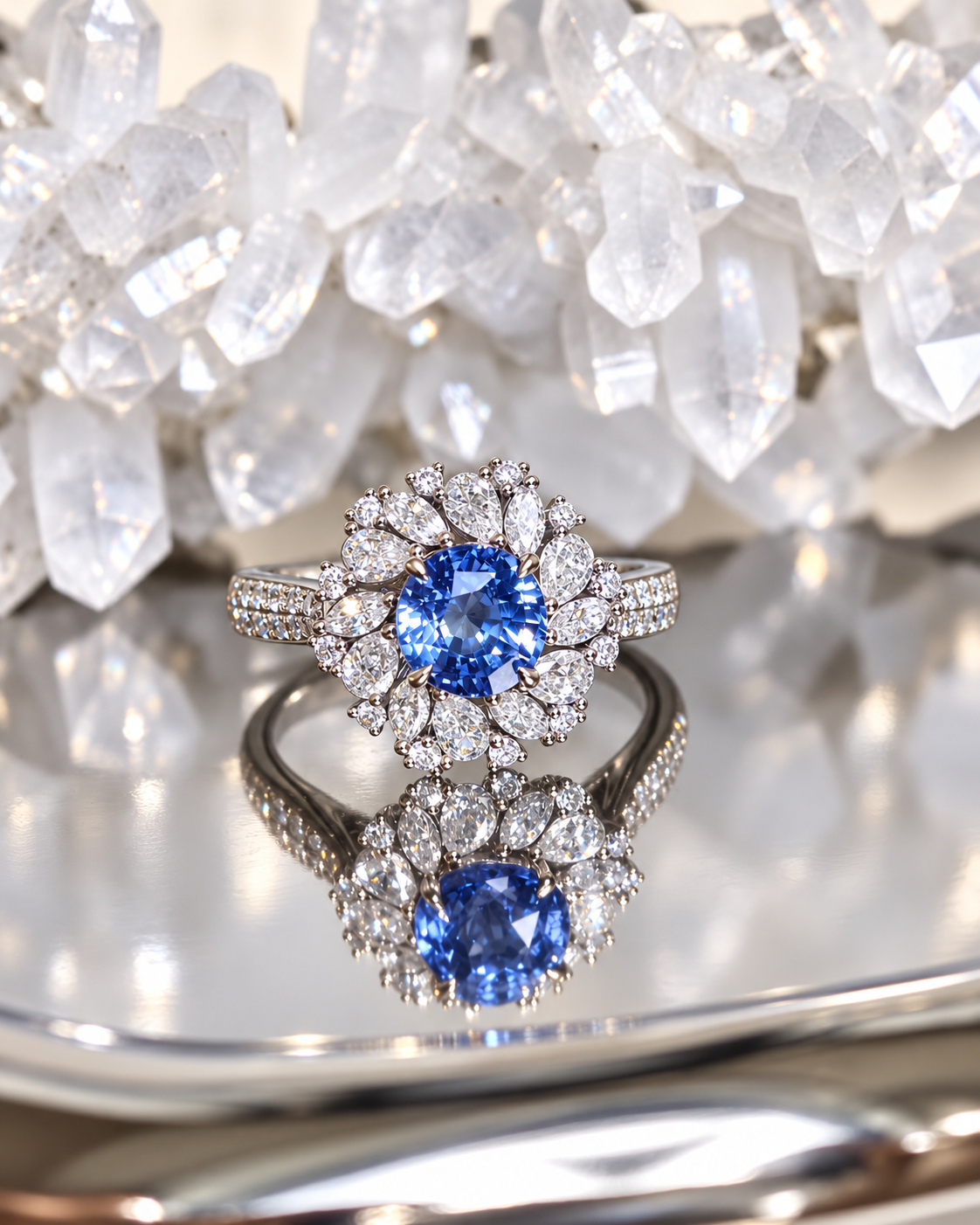 Cornflower blue sapphire floral halo ring in 18K gold with lab-grown diamonds, reflection view