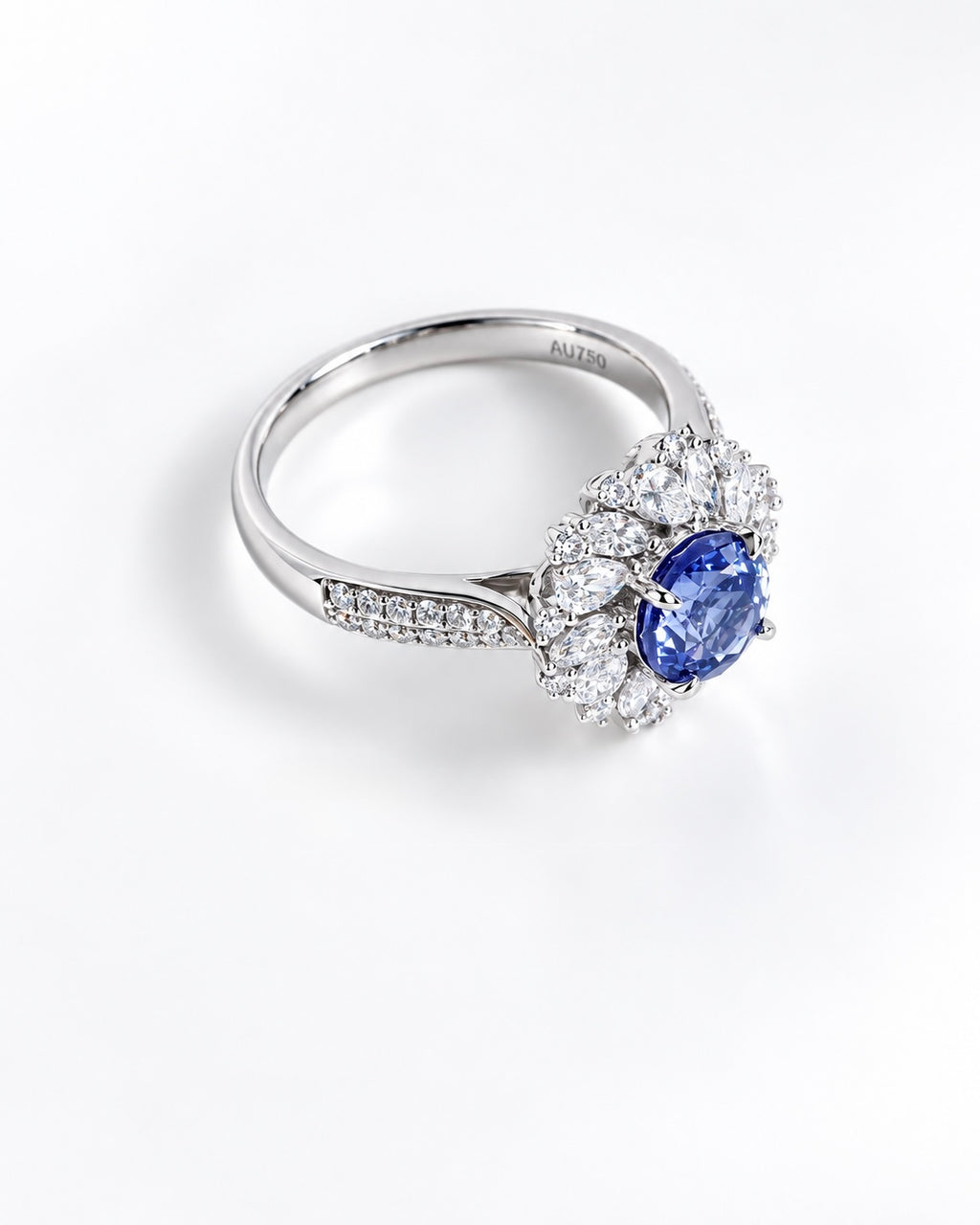 Cornflower blue sapphire floral halo ring in 18K gold with lab-grown diamonds, side view