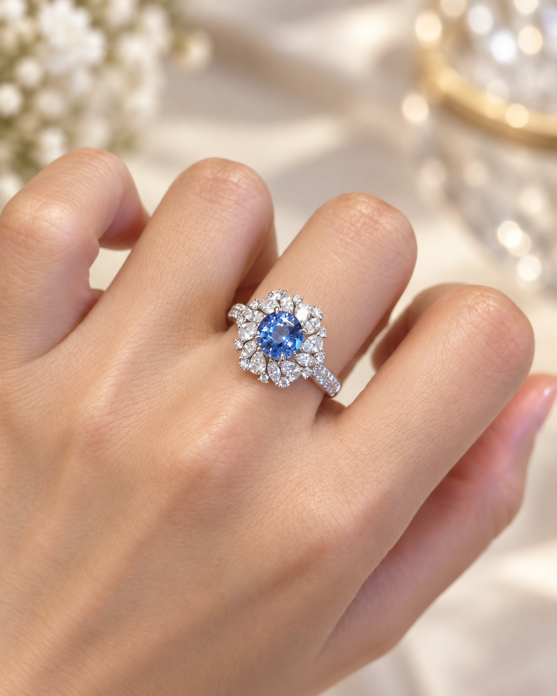 Cornflower blue sapphire floral halo ring in 18K gold with lab-grown diamonds, worn view