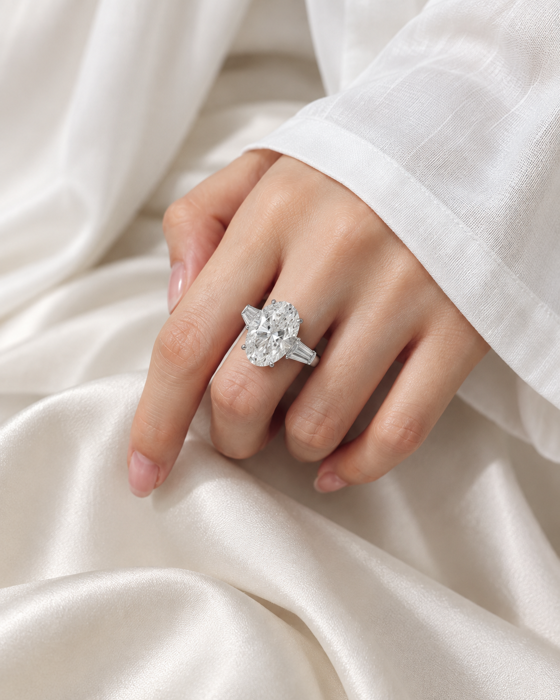 AI-enhanced styling image of oval center trilogy ring with tapered baguette side stones, view 2