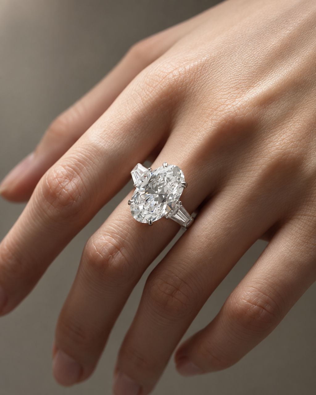 AI-enhanced styling image of oval center trilogy ring with tapered baguette side stones, view 4