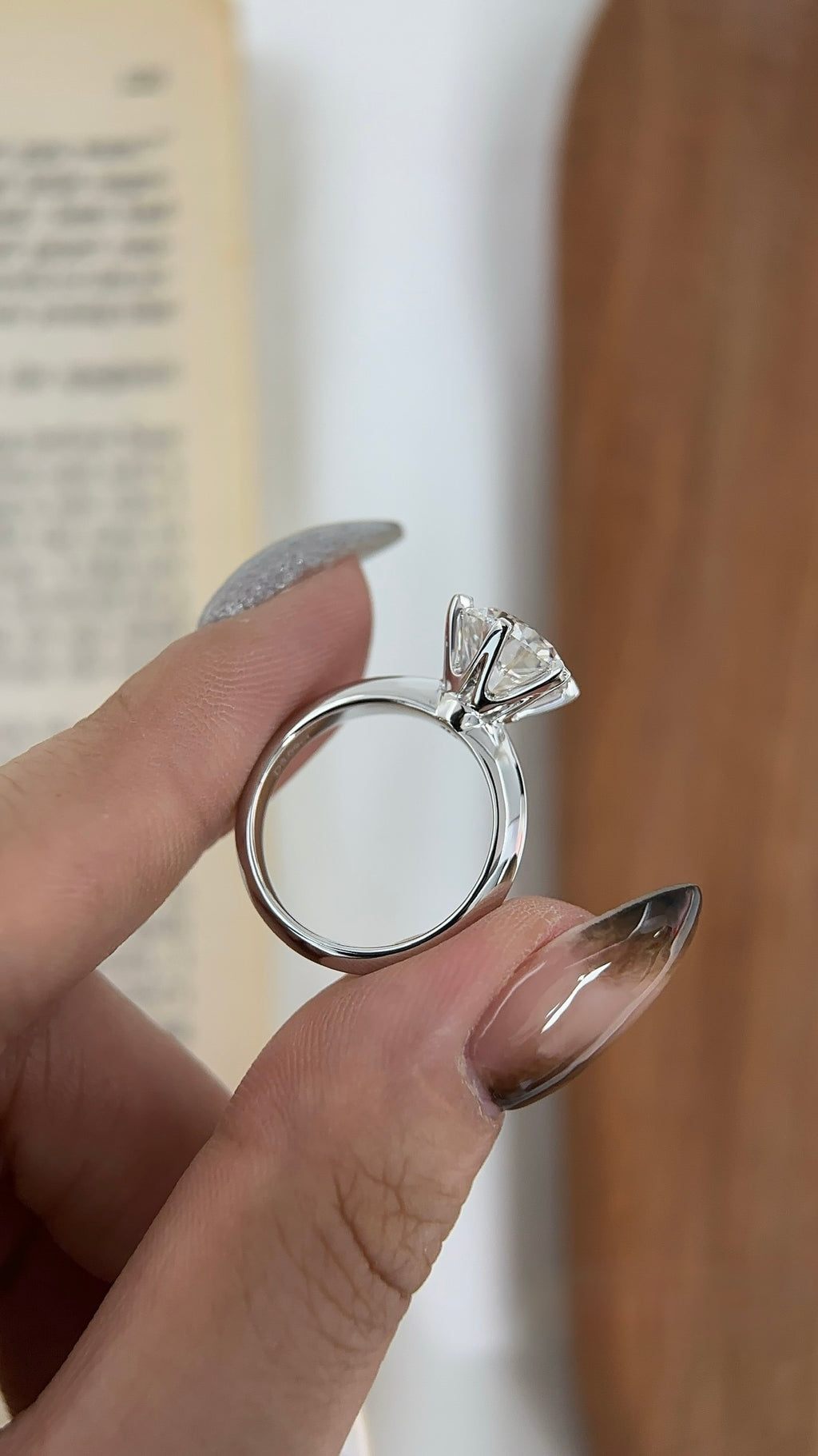 Six-prong round lab-grown diamond solitaire ring in PT950 platinum, profile view