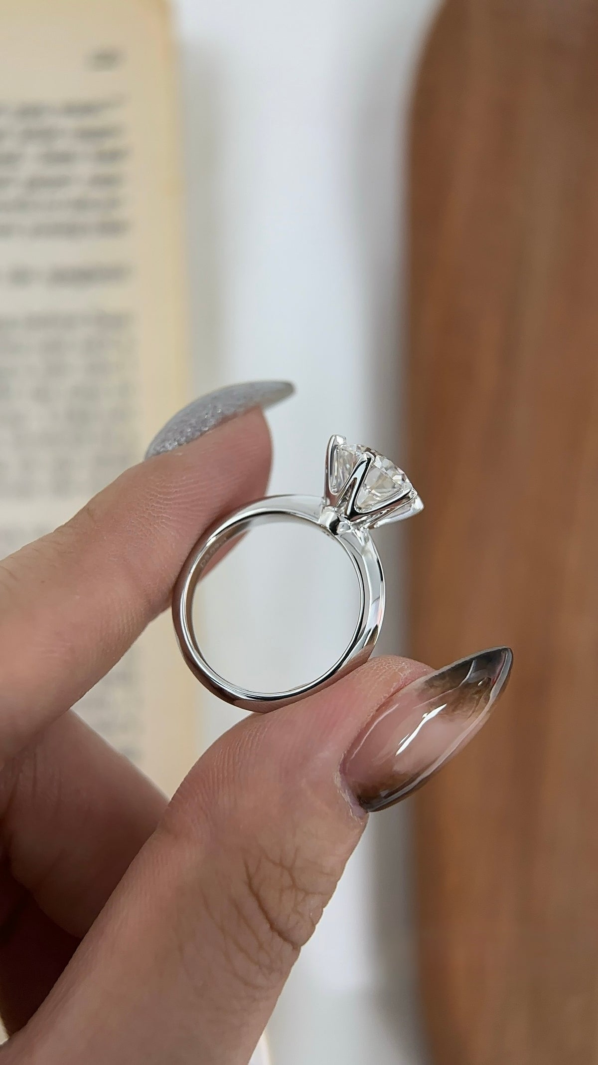 Six-prong round lab-grown diamond solitaire ring in PT950 platinum, profile view