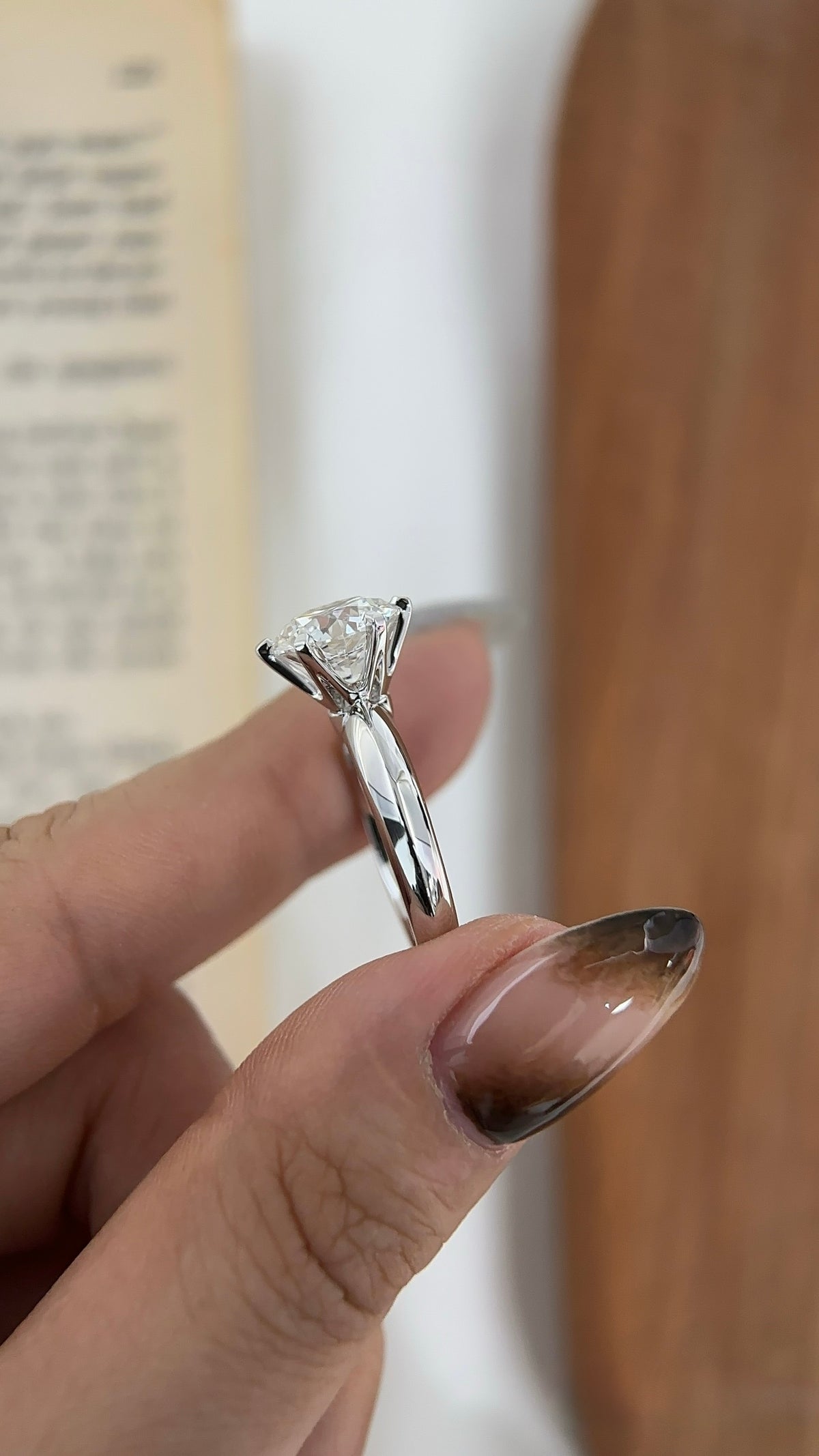Six-prong round lab-grown diamond solitaire ring in PT950 platinum, side-detail view