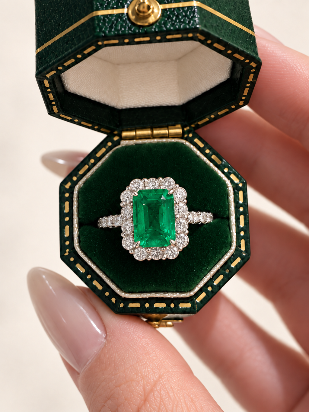 2.38 ct natural emerald platinum ring — front detail