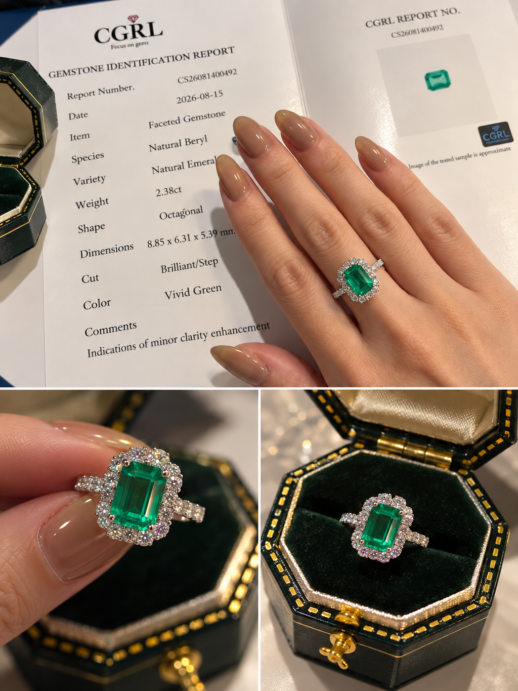 2.38 ct natural emerald ring with CGRL report and worn views