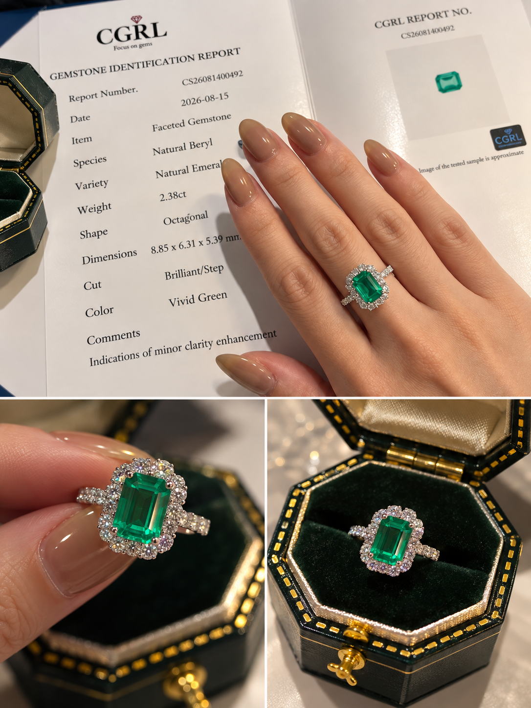 2.38 ct natural emerald ring with CGRL report and worn views