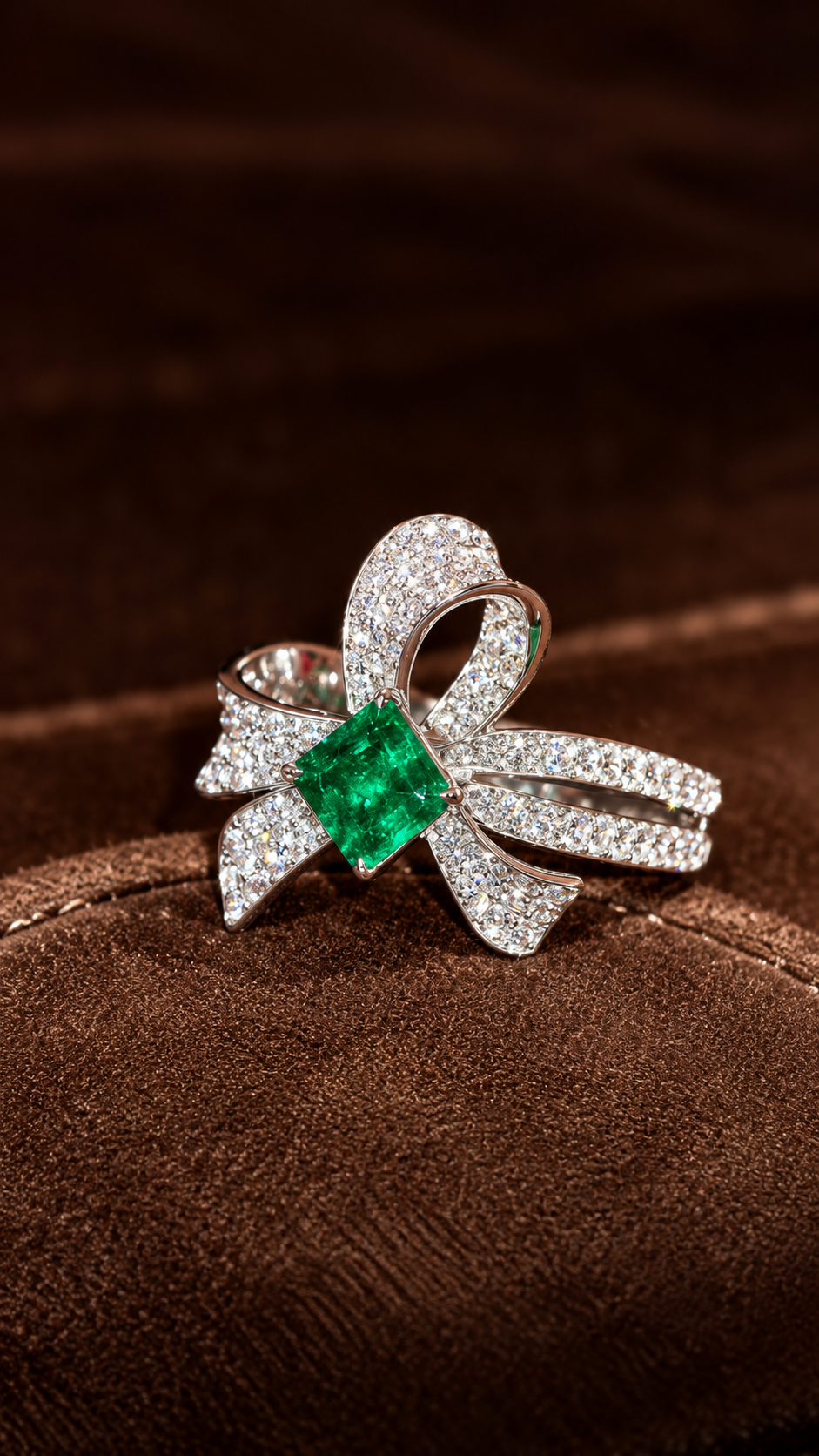 Natural emerald bow ring with lab-grown diamond pavé ribbons, front view