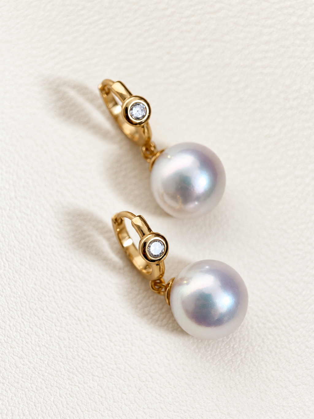 Pair of 10mm freshwater pearl and natural diamond gold vermeil hinged hoop earrings