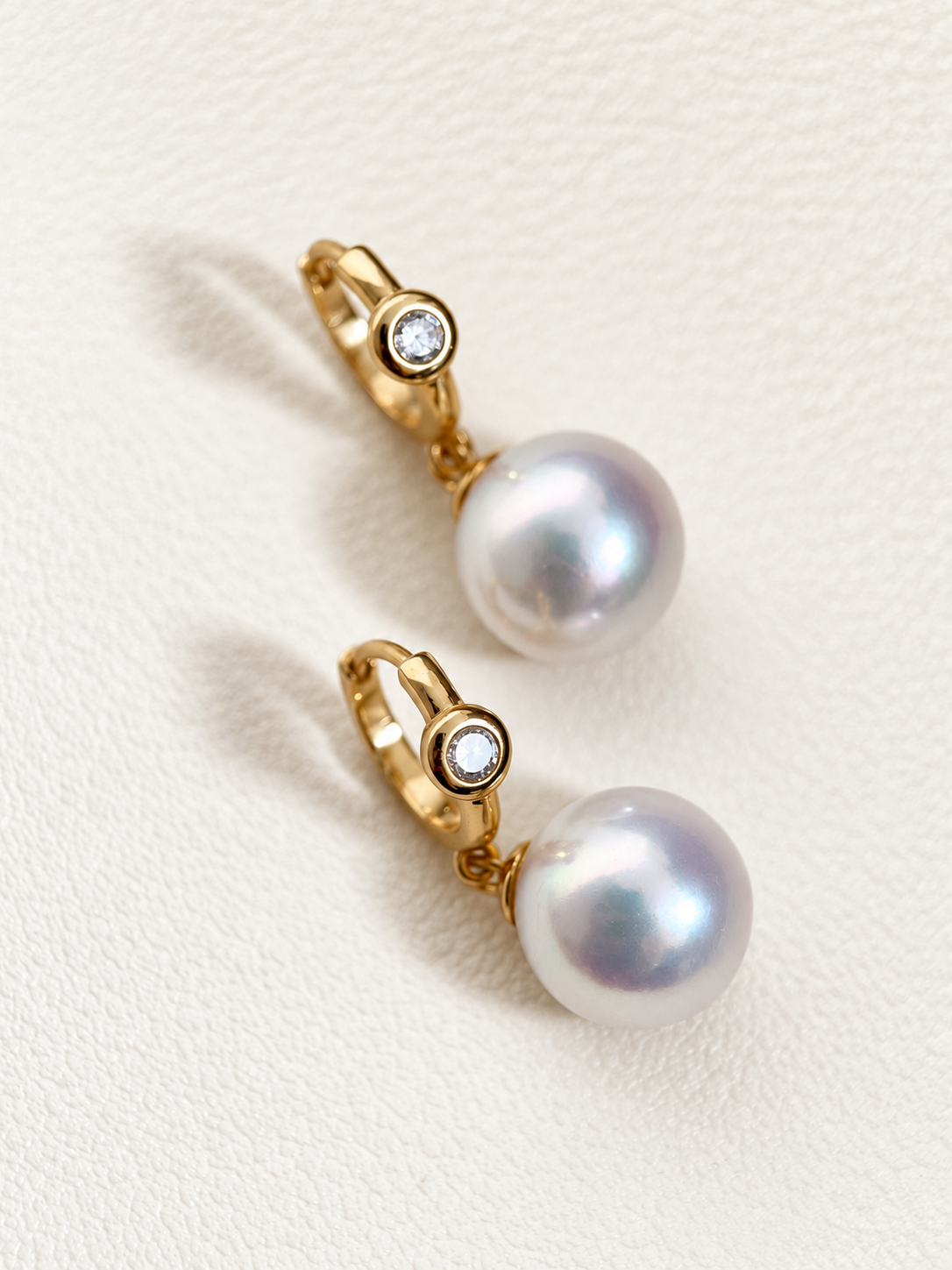 Pair of 10mm freshwater pearl and natural diamond gold vermeil hinged hoop earrings