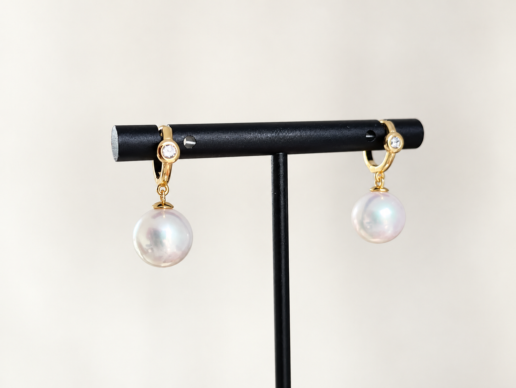 Pair of 10mm freshwater pearl and natural diamond gold vermeil hinged hoop earrings