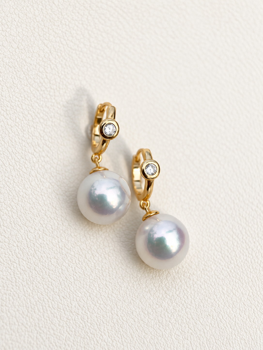 Pair of 10mm freshwater pearl and natural diamond gold vermeil hinged hoop earrings