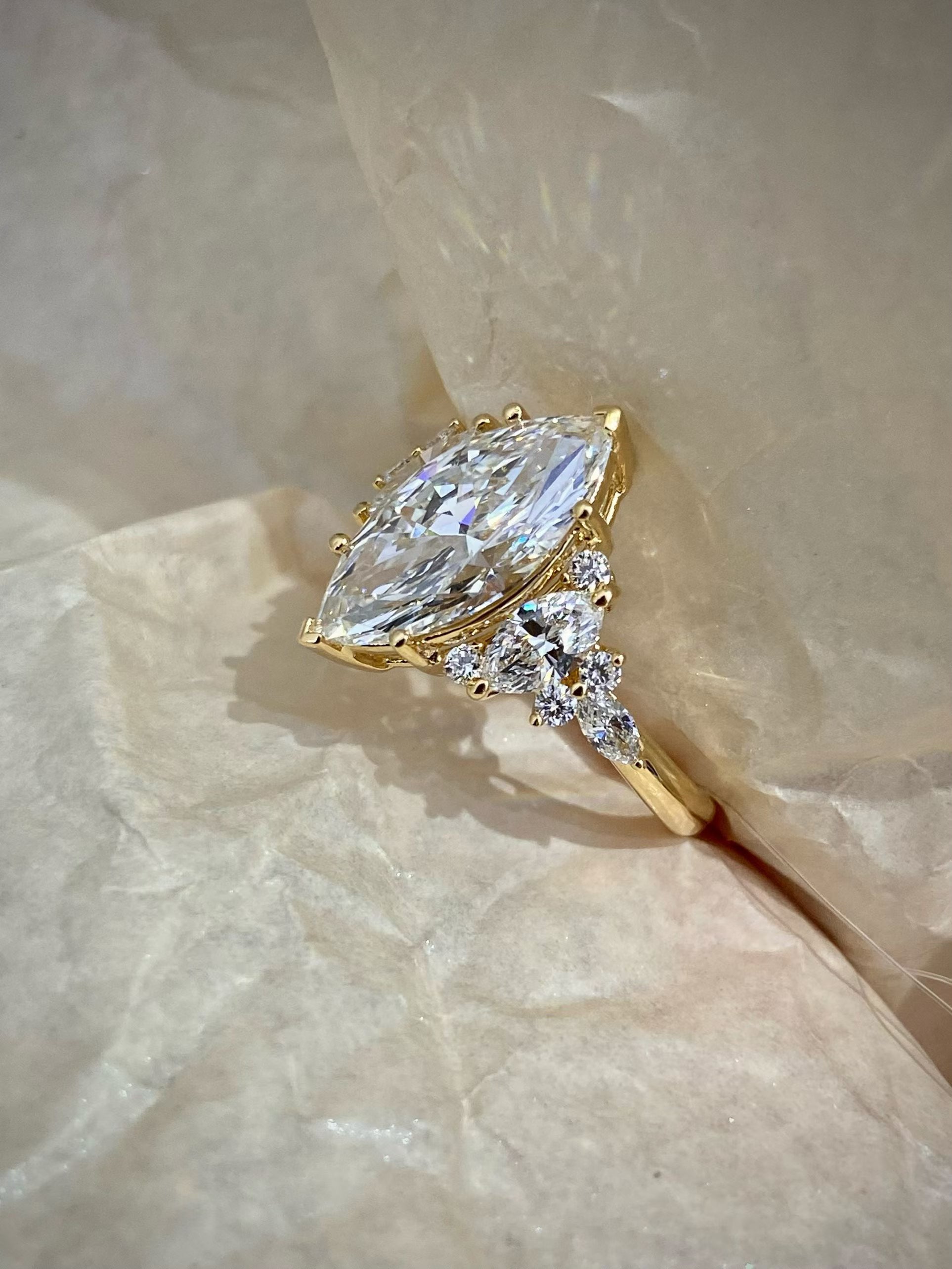 Marquise-cut lab-grown diamond cluster ring in yellow gold