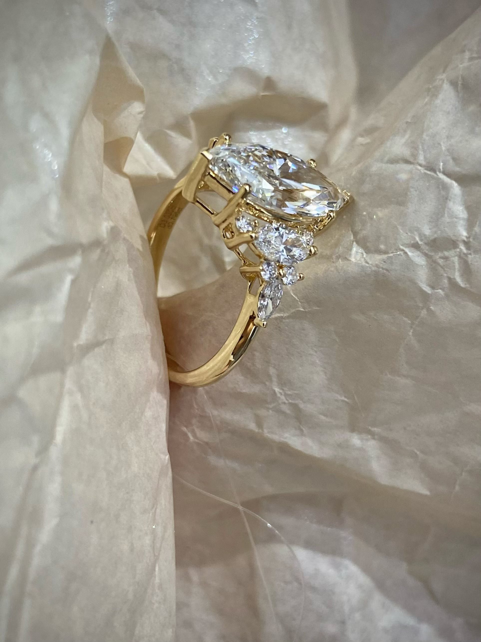 Marquise-cut lab-grown diamond cluster ring in yellow gold