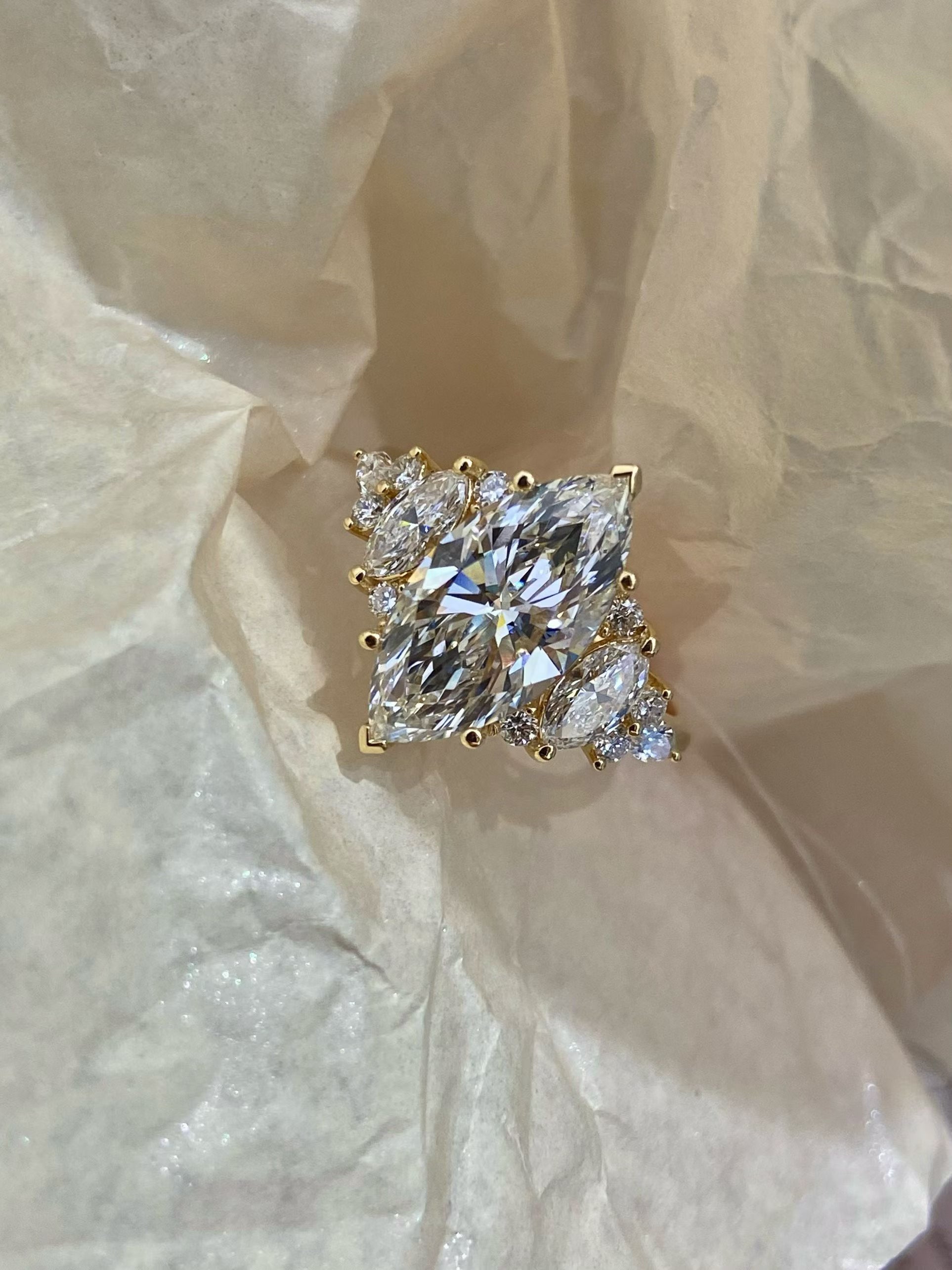 Marquise-cut lab-grown diamond cluster ring in yellow gold