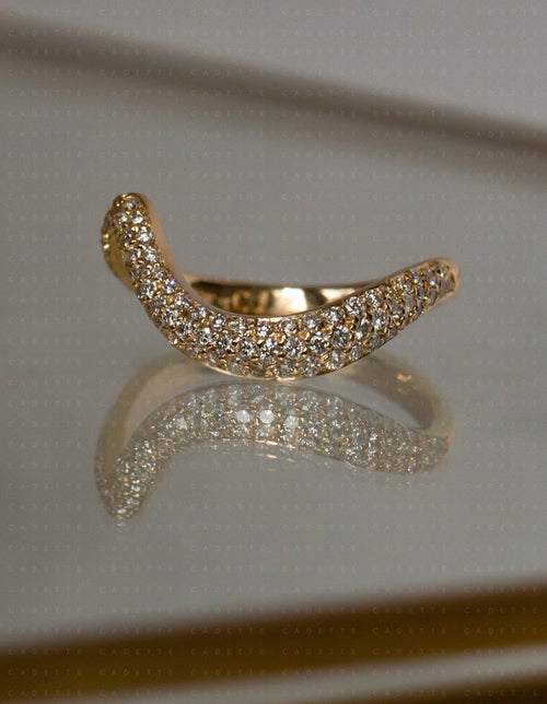 18K yellow gold V-shaped pavé natural diamond stacking band; other rings shown for styling only