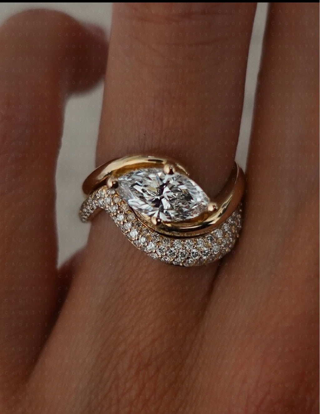 18K yellow gold V-shaped pavé natural diamond stacking band; other rings shown for styling only