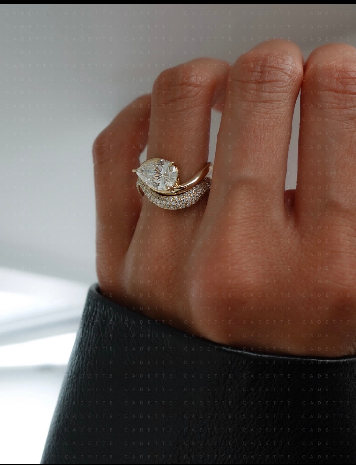 18K yellow gold V-shaped pavé natural diamond stacking band; other rings shown for styling only